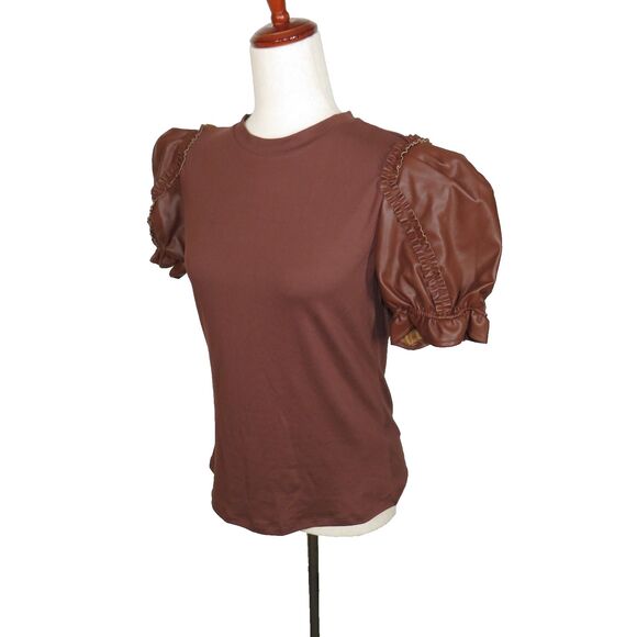G by Giuliana G-Knit Top with Ruffled Faux Leather Sleeves Brown Size Medium - Picture 1 of 9